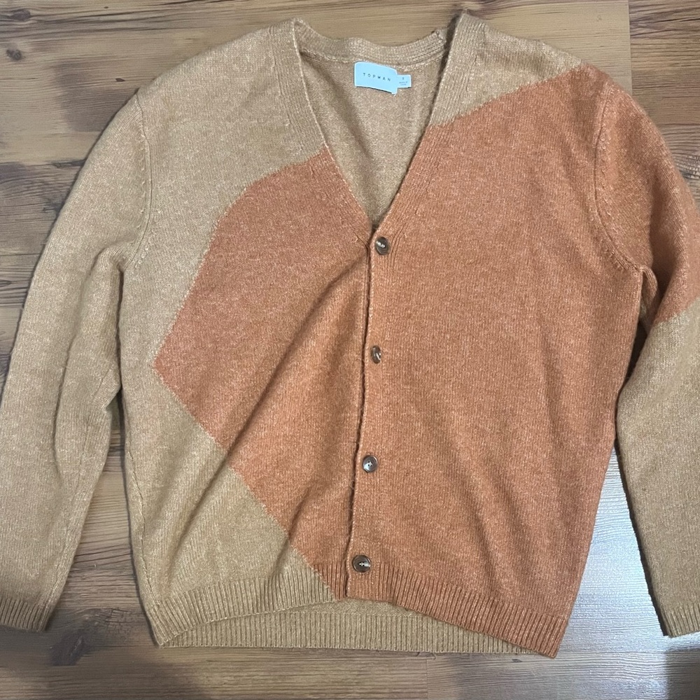 Topman Tan and Orange Cardigan Sweater with V-Neck Design